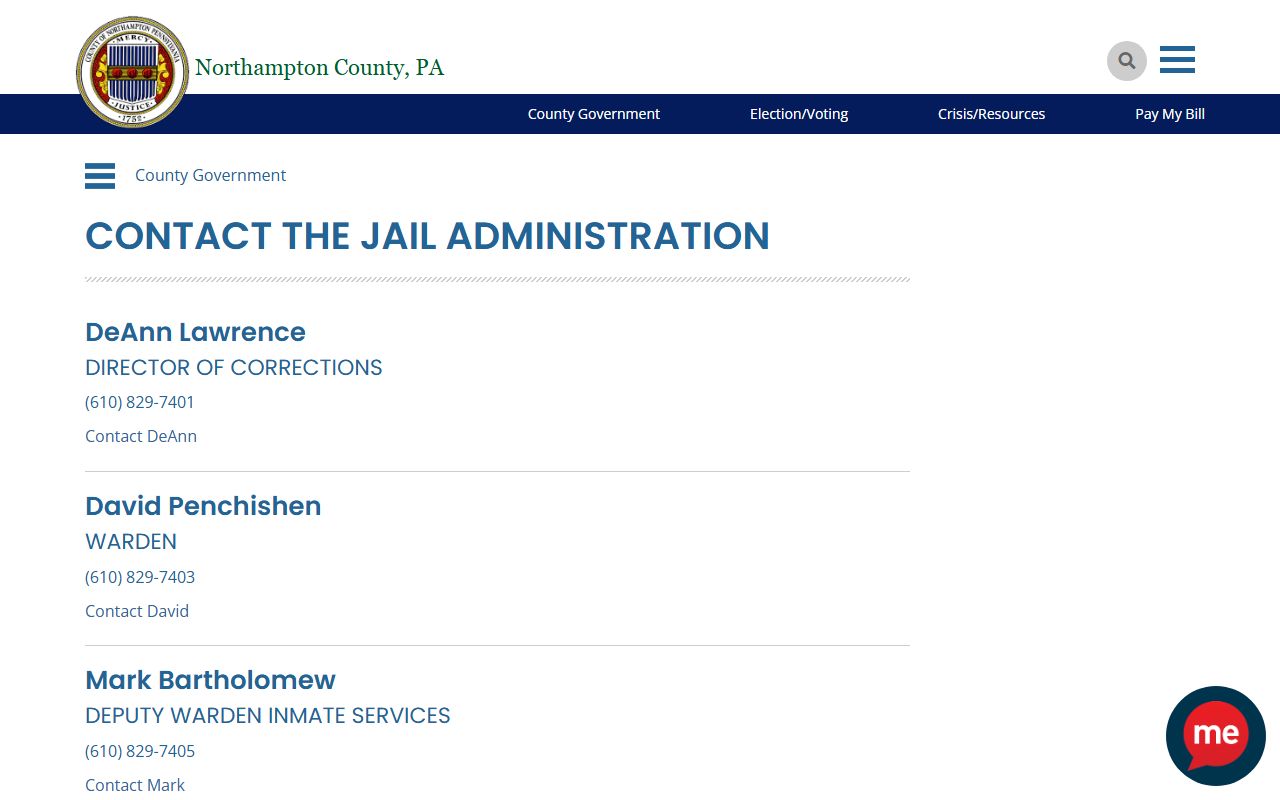Northampton County Jail leadership contact page for custody questions